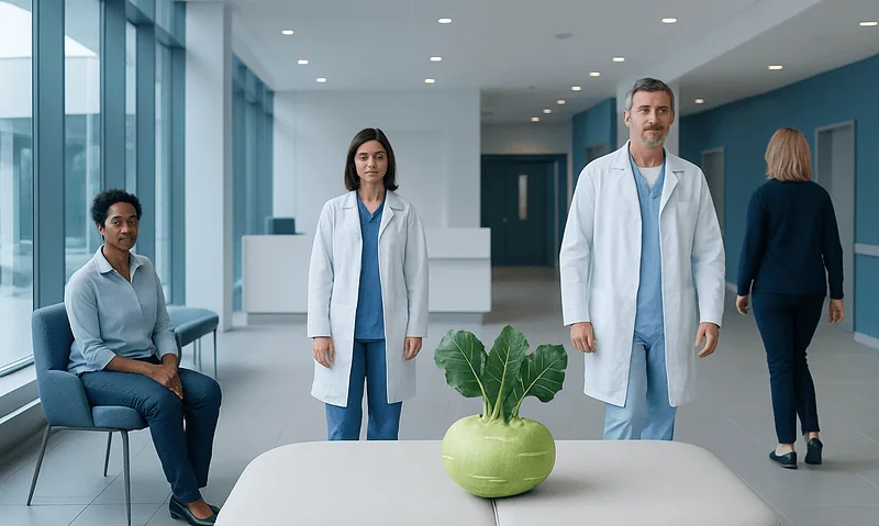 Medical team in hospital lobby with a large kohlrabi vegetable on a table.
