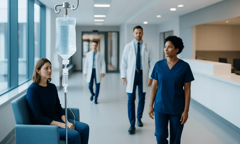 Lactated Ringers: What Patients Need to Know 12 Patient receiving IV therapy in a modern hospital corridor.