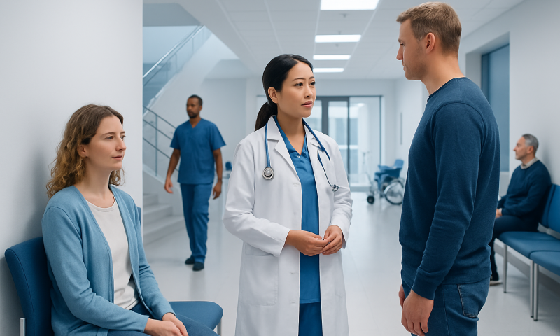 Doctor consulting with patient in hospital corridor at Acibadem Hospitals Group.