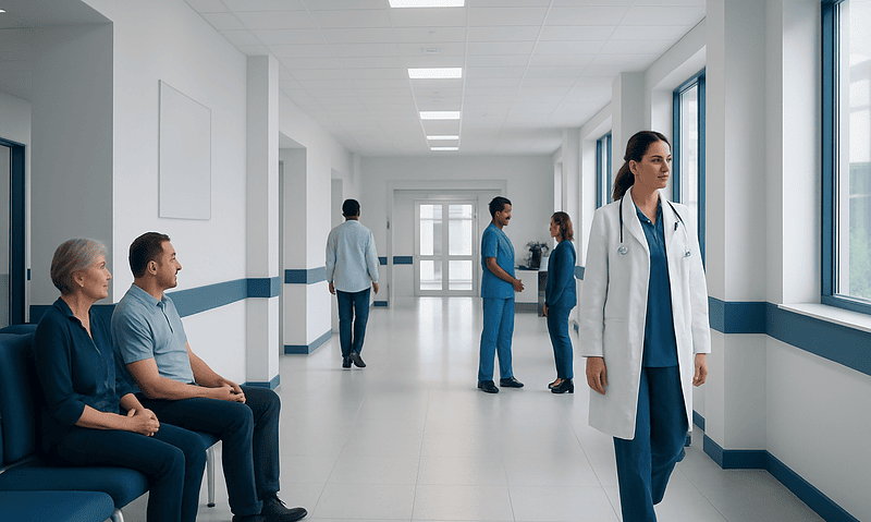 Healthcare professionals and patients in a modern hospital corridor.