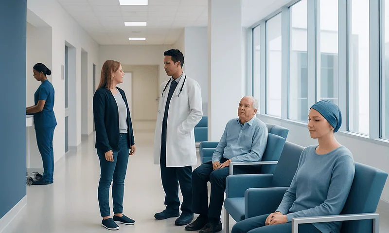 Medical team consulting with patient in hospital corridor.