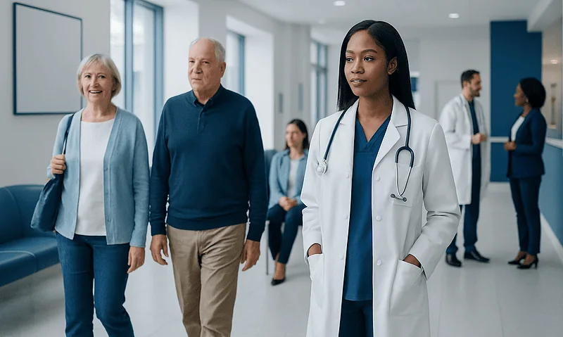 Healthcare professionals and patients in a hospital corridor.
