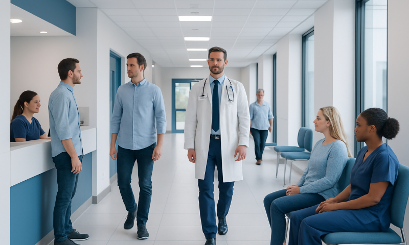 Medical team walking through hospital corridor with patients and staff.