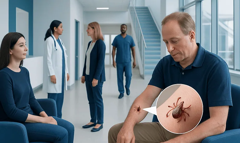 Doctor examines patient with tick-borne disease in hospital setting.