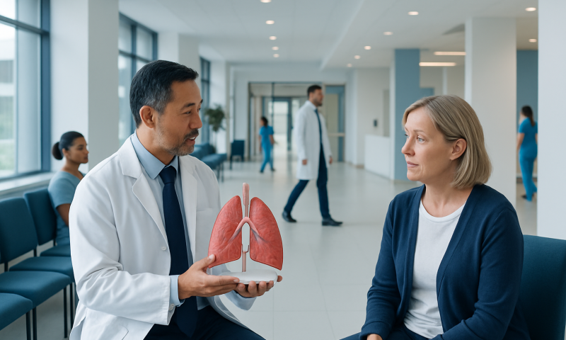 Doctor explaining lung anatomy to a patient in a hospital setting.