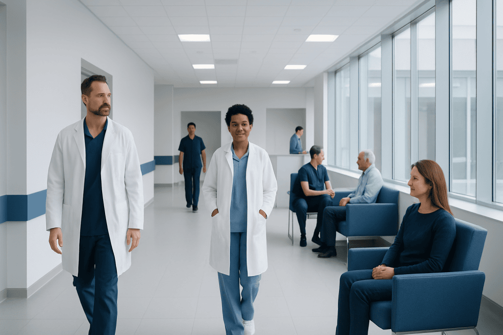 Mark Cuban Pharmacy: A Complete Medical Overview 1 Medical professionals and patients in a modern hospital corridor.