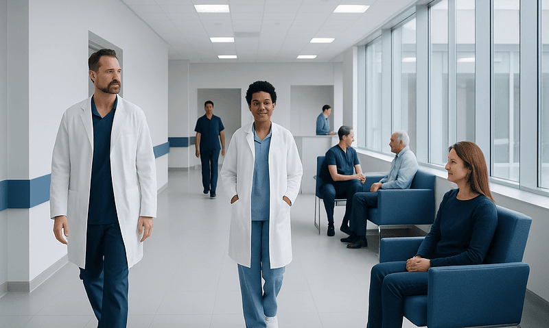 Medical professionals and patients in a modern hospital corridor.