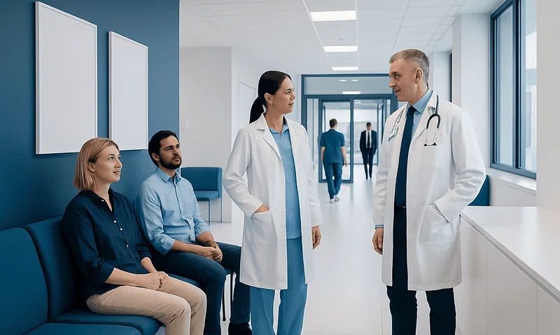 Doctors consulting with patients in a modern hospital corridor.