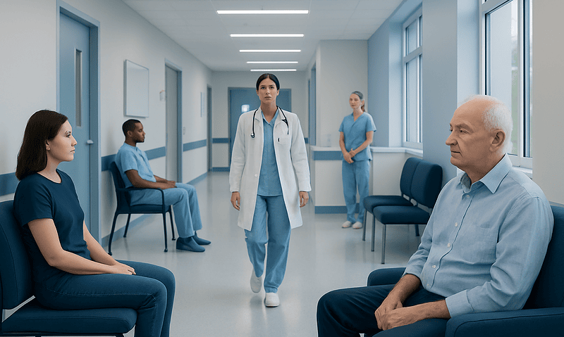 Medical team consulting with patients in a hospital corridor.