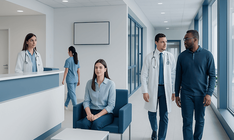 Medical professionals and patients in a modern hospital corridor.