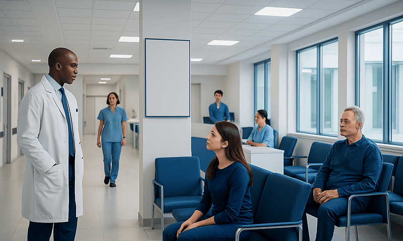 Doctor speaking with patients in a modern hospital waiting area.