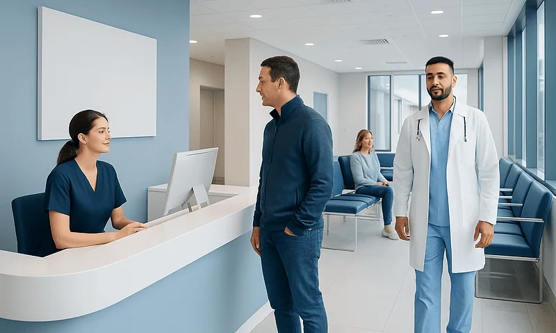 Modern hospital reception area with medical staff and patients.