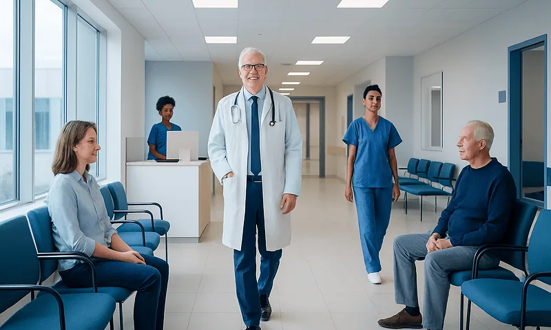Doctor talking to patients in a hospital corridor with medical staff nearby.