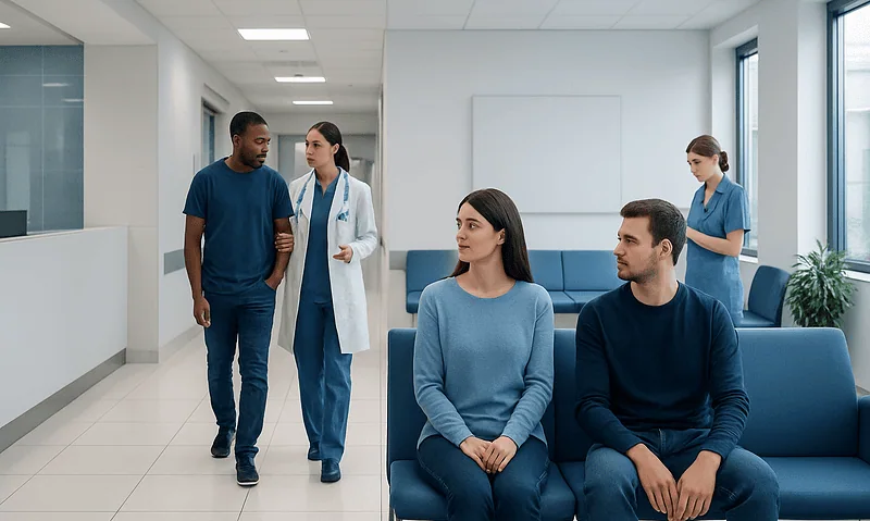 Patients waiting in a hospital corridor with medical staff nearby.