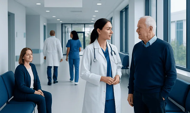 Doctor consulting with elderly patient in hospital corridor.