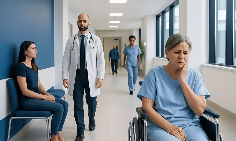 Patient with facial pain in hospital corridor with medical staff nearby.