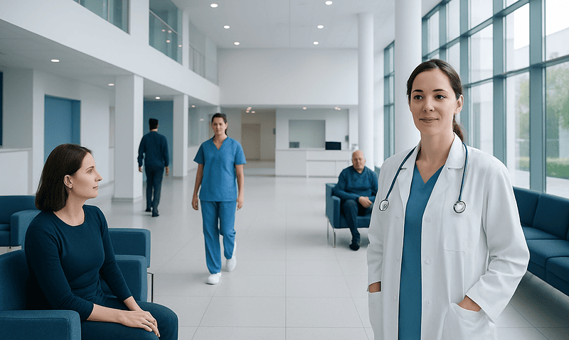 Healthcare professionals and patients in a modern hospital lobby.