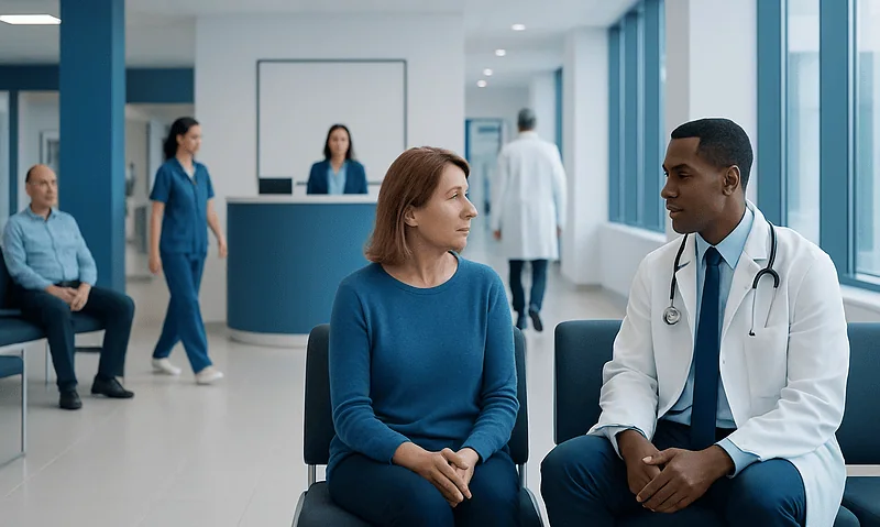 Doctor consulting a patient in a modern hospital waiting area.