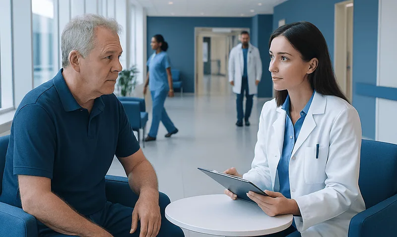 Doctor consulting with an elderly patient in a hospital corridor.