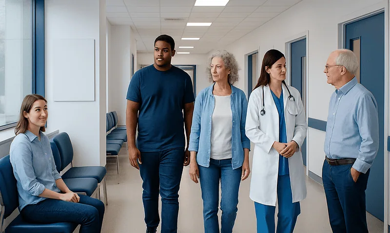 Medical team consulting with patient in hospital corridor.