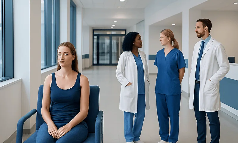 Patient waiting in hospital corridor with medical staff nearby.