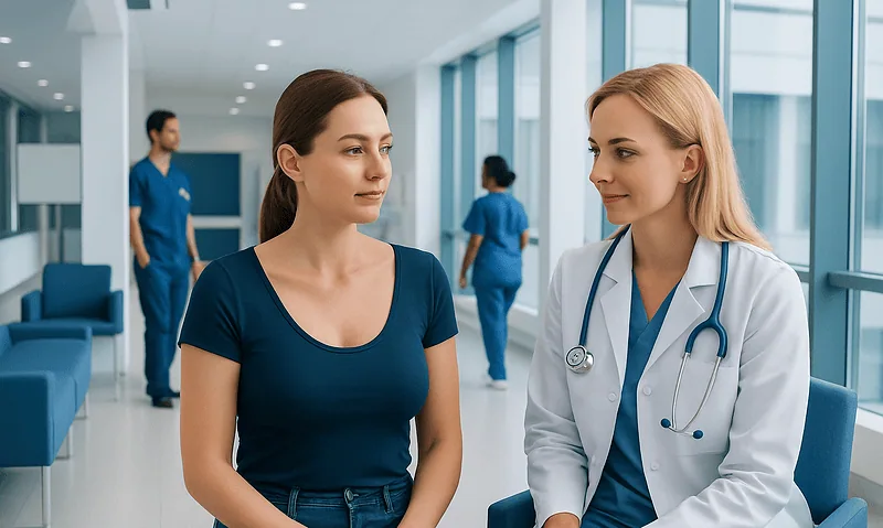 Patient consulting with doctor in hospital corridor.