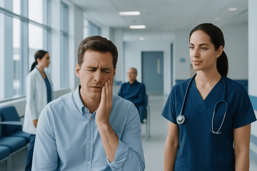 Tooth Sensitivity After Whitening, Fillings, or Crowns: What Is Normal? 1 Patient experiencing tooth pain in a hospital corridor with medical staff nearby.