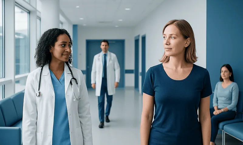 Doctor and patient in a hospital corridor discussing health concerns.