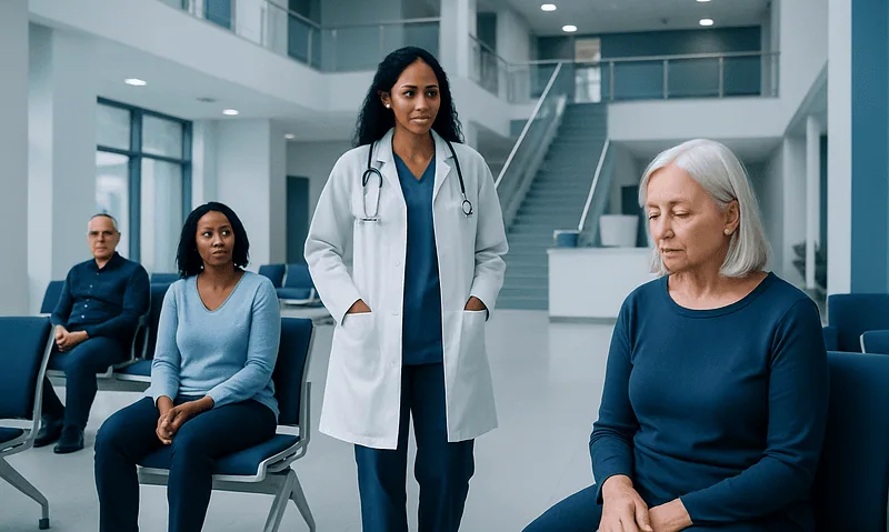 Medical consultation with diverse patients in a modern hospital setting.