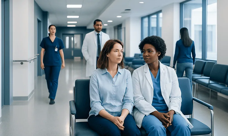 Patients waiting in a hospital corridor with medical staff nearby.