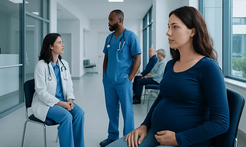 Pregnant woman consulting with healthcare professionals in a hospital corridor.