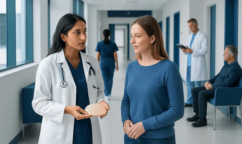 Doctor explaining breast implant options to a patient in a hospital corridor.