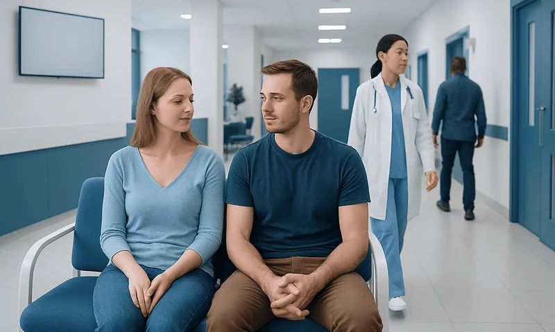 Patient and doctor in hospital corridor, healthcare setting.