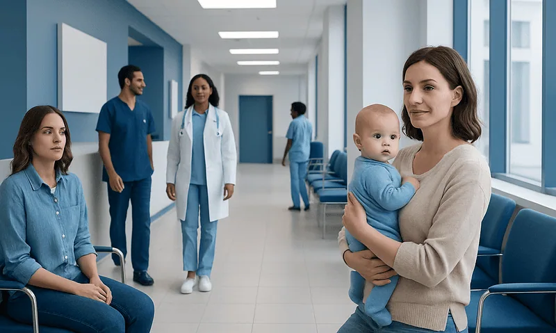 Mother with baby in hospital corridor with medical staff in background.