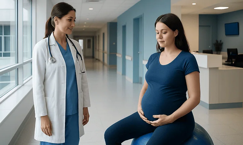 Pregnant woman consulting with a doctor in a hospital corridor.