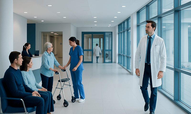 Hospital corridor with patients and medical staff engaging in care activities.