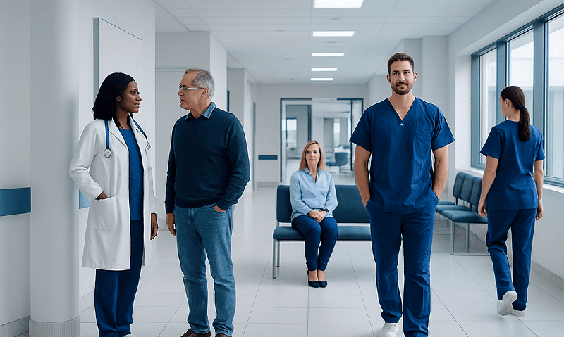 Medical team discussing patient care in hospital corridor.