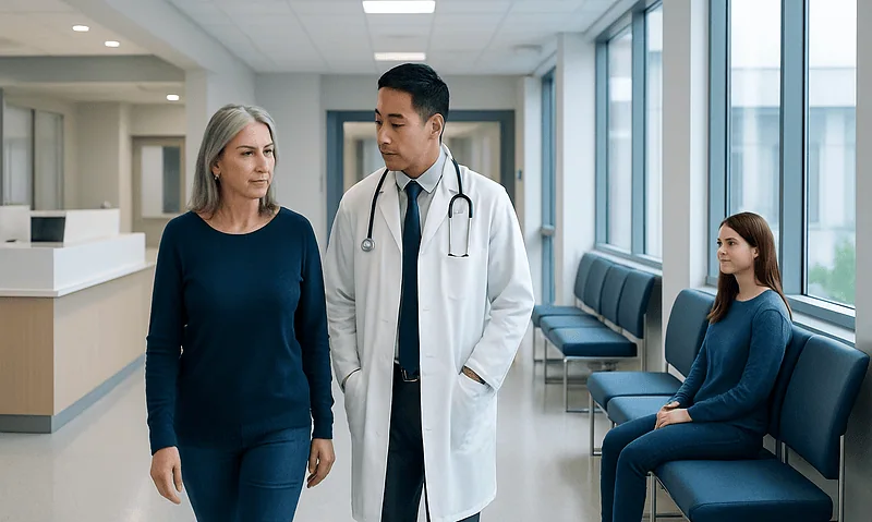 Doctor consulting with a patient in a hospital corridor.