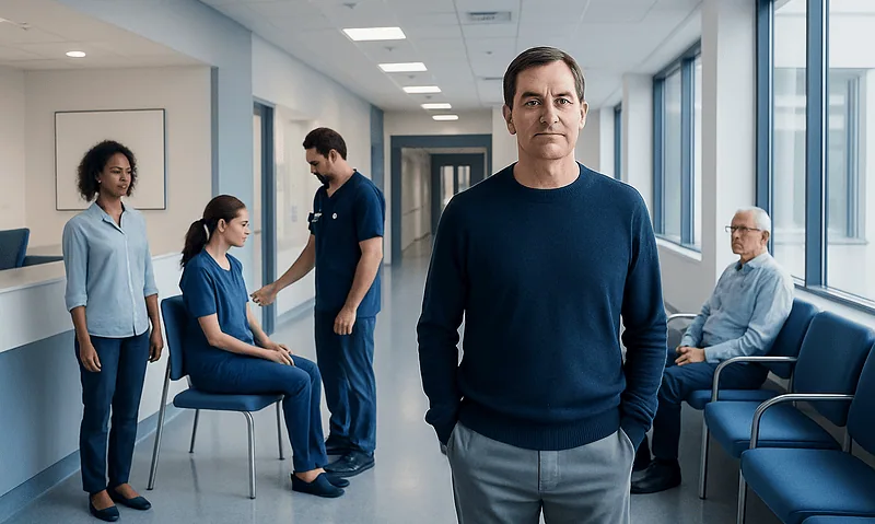 Medical professionals and patients in a hospital corridor.