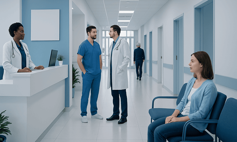 Medical professionals and patient in hospital corridor at Acibadem Hospitals Group.