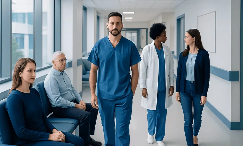 Medical professionals and patients in a hospital corridor at Acibadem Hospitals Group.