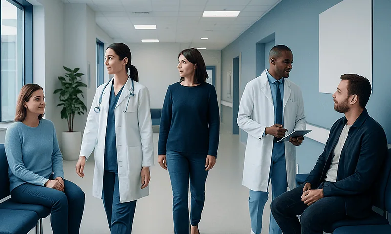 Medical team consulting with patient in hospital corridor.