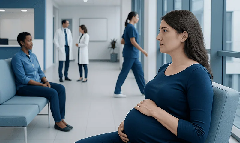 Pregnant woman waiting in hospital corridor at Acibadem Hospitals Group.