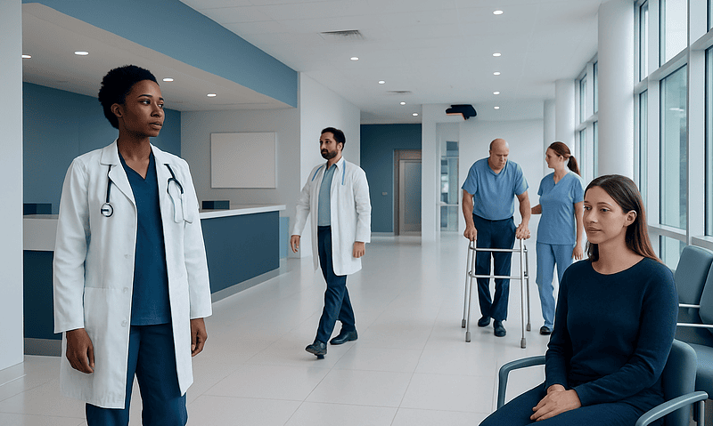 Diverse medical staff and patients in a modern hospital corridor.