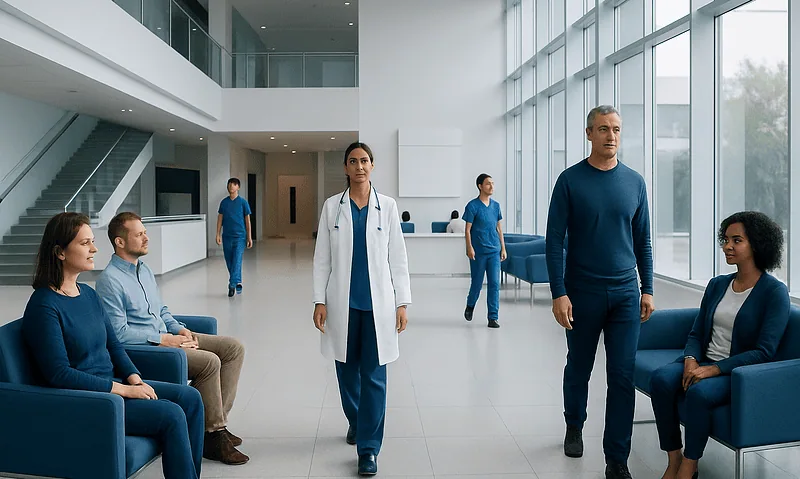 Patients waiting in a modern hospital lobby with medical staff present.
