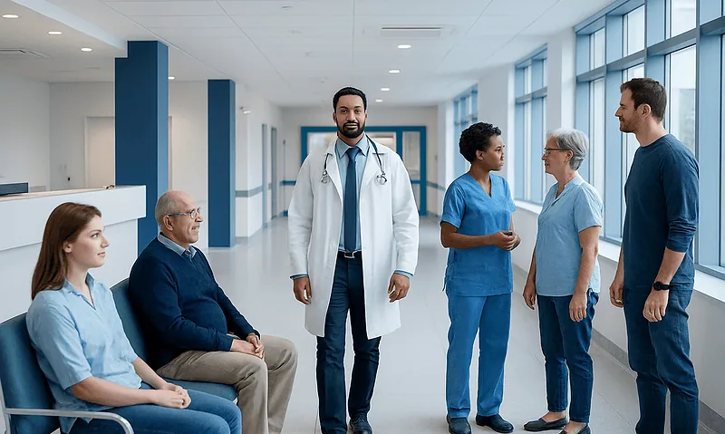 Medical team consulting with patients in a hospital corridor.