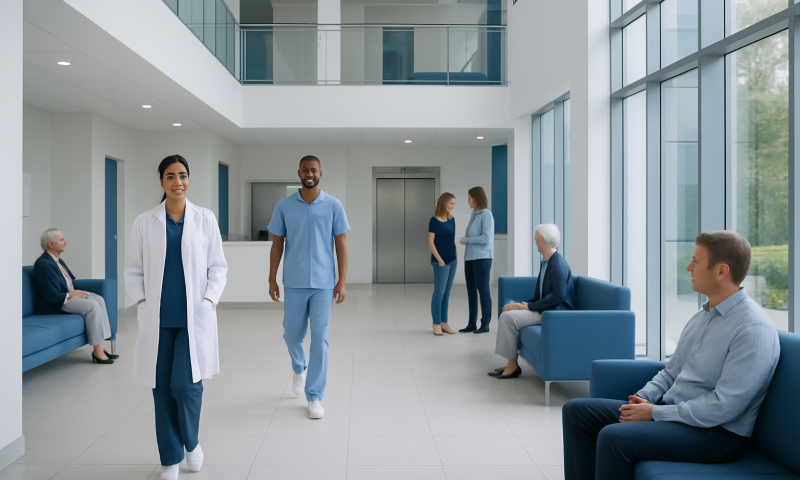 What Is Red Meat? Causes, Explanations, and Next Steps 1 Modern hospital lobby with healthcare professionals and patients.