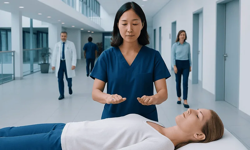 Healthcare professional performing Reiki therapy on patient in hospital corridor.