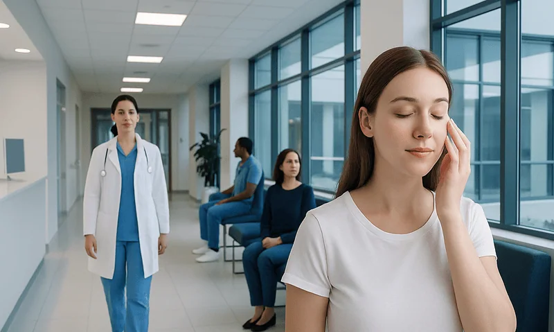 Young woman experiencing discomfort in a hospital corridor with medical staff and patients.