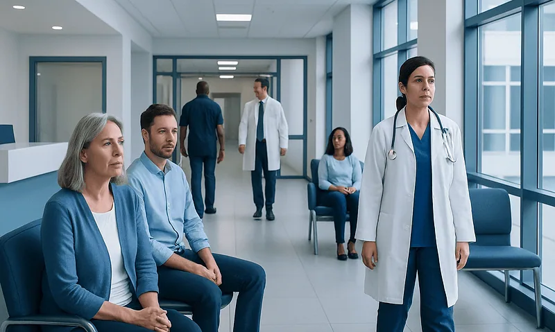 Healthcare professionals and patients in a hospital corridor at Acibadem Hospitals Group.